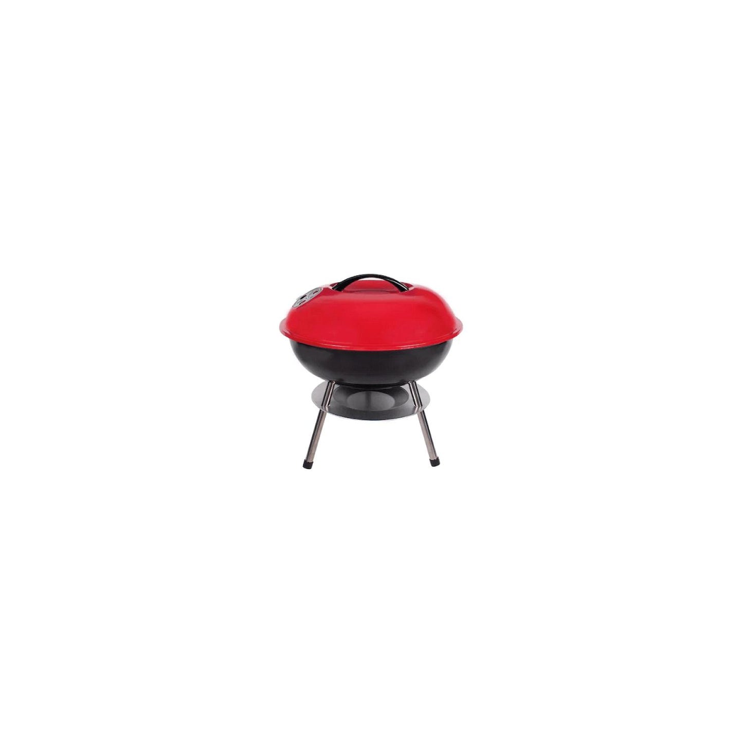 Kleiner Kugelgrill mit rotem Deckel, schwarzem Korpus und drei Metallbeinen, auf weißem Hintergrund.
