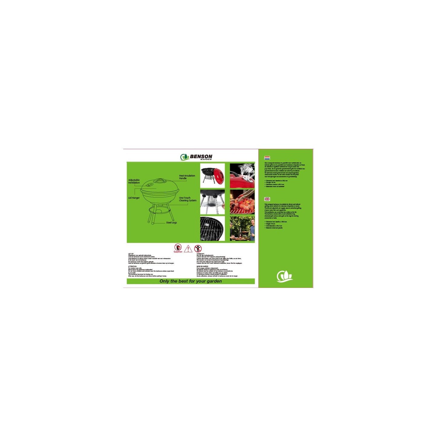 Produktverpackung mit Abbildungen des Kugelgrills, einmal mit Deckel und einmal geöffnet mit Grillgut. Text in mehreren Sprachen und technische Angaben.