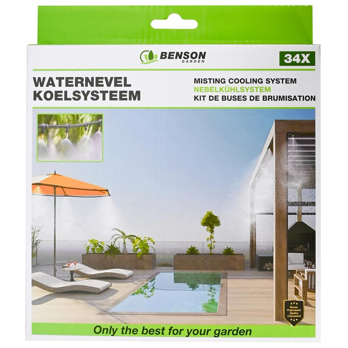 Grün-weiße Verpackung mit dem Markennamen „Benson Garden“ oben und der Produktbezeichnung „Nebelkühlsystem“ in vier Sprachen. Großes Foto einer Veranda mit Pool, Liegefläche, Sonnenschirm und Pavillon mit installiertem Nebelkühlsystem, das feinen Nebel ve
