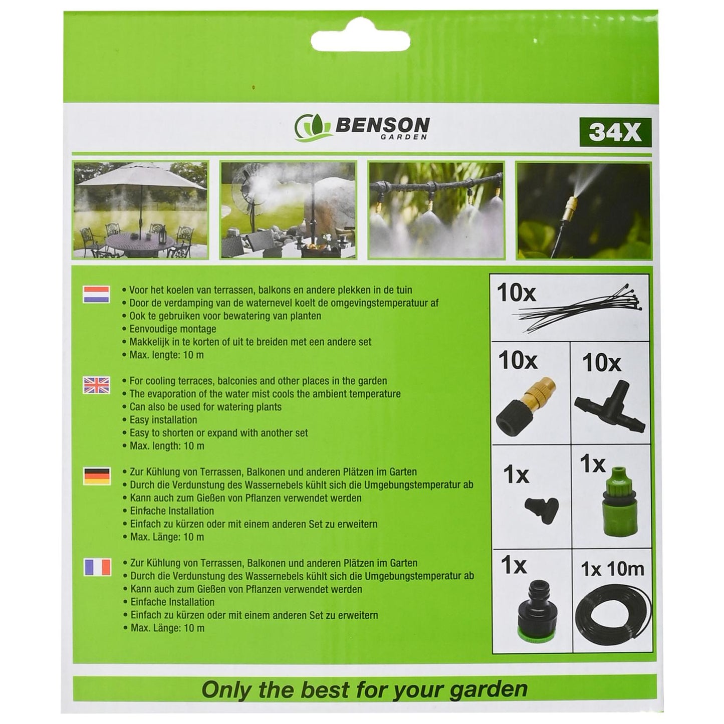 Grün-weiße Verpackung mit dem Markennamen „Benson Garden“ oben und „34X“ rechts oben. Darunter mehrere Anwendungsbilder: ein Tisch mit Sonnenschirm, ein Ventilator mit Nebel, vier hängende Düsen und ein einzelner Sprüher in Aktion. Links Beschreibung mit