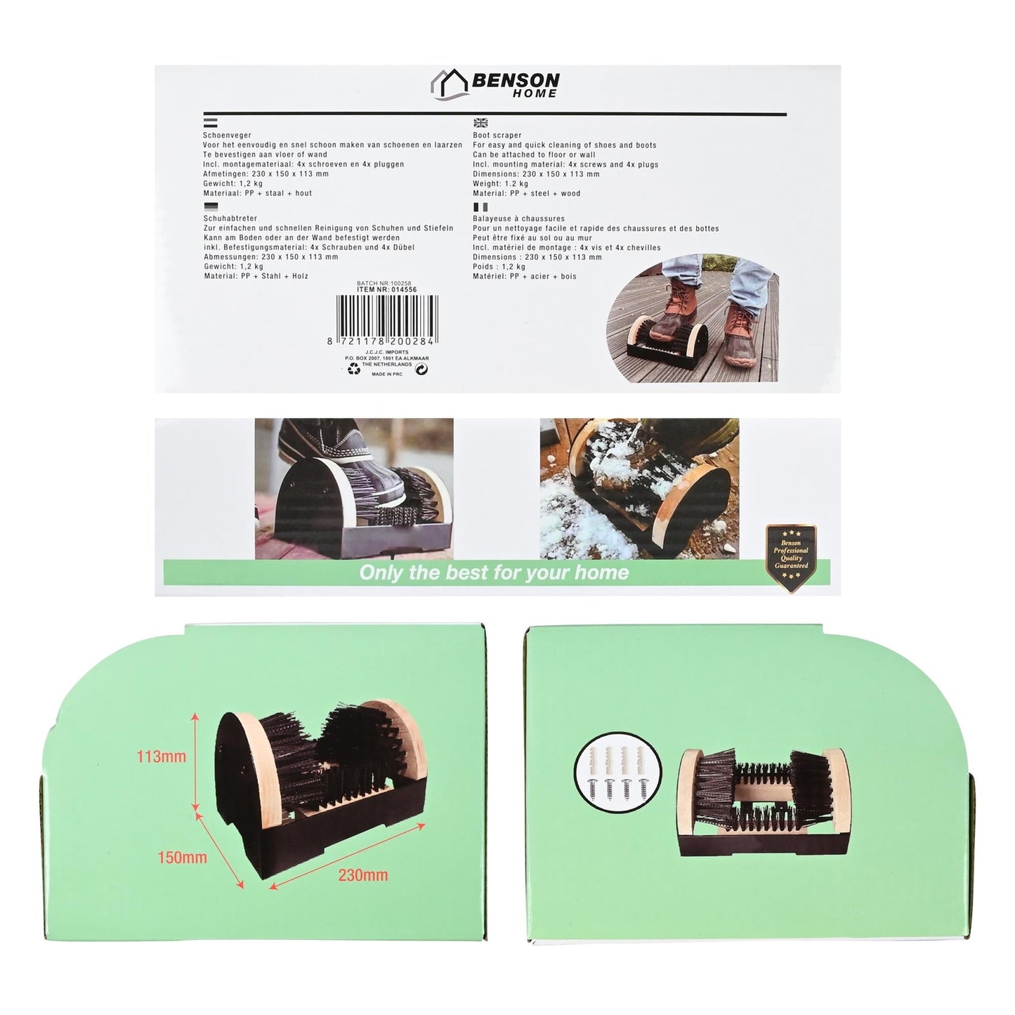 Rückseite der Verpackung des Schuhabstreifers mit Produktbeschreibungen in vier Sprachen, Maßangaben und Anwendungsfotos. Oben das Logo „Benson Home“.