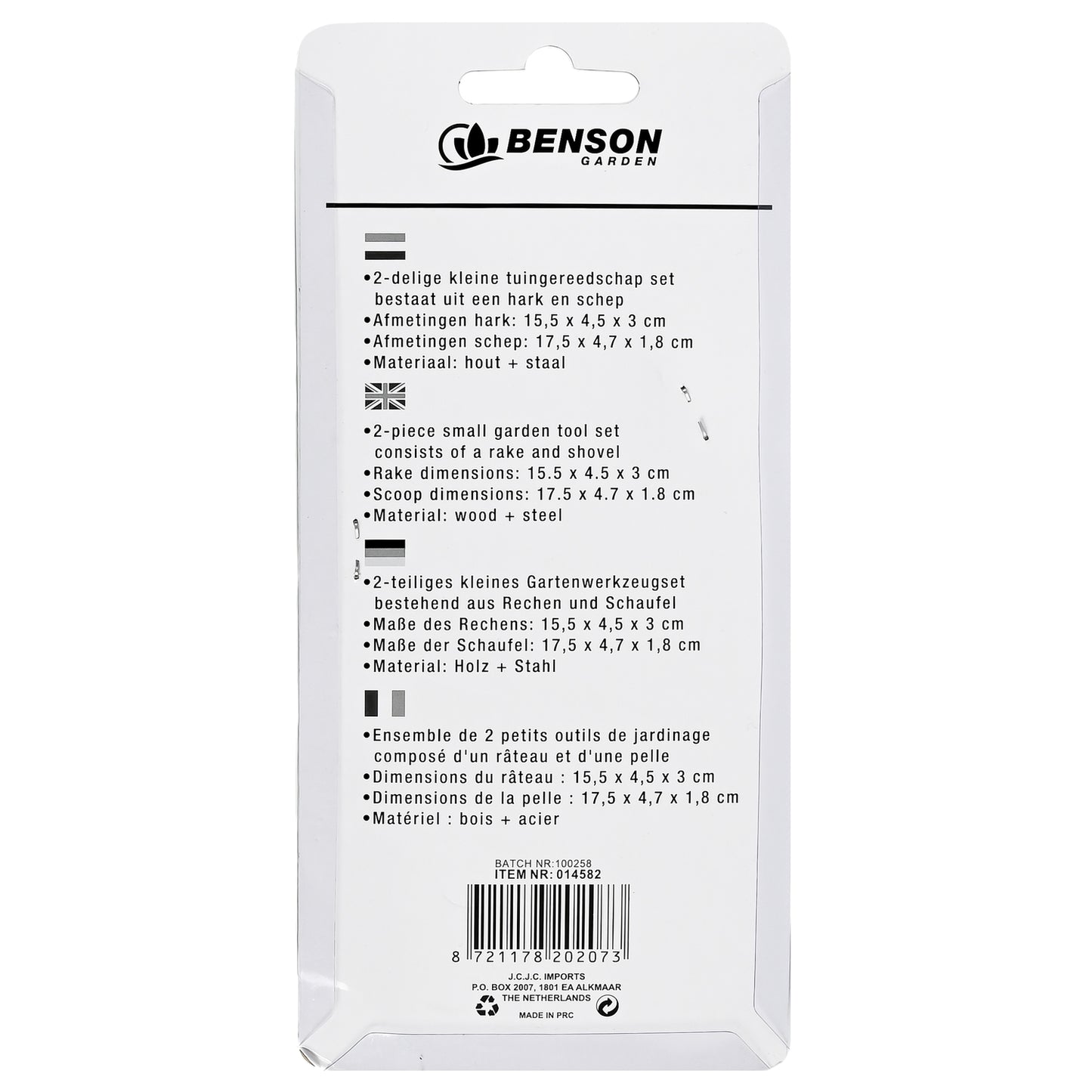 Rückseite der Verpackung des Gartenwerkzeug-Sets mit Produktbeschreibung und Maßen in vier Sprachen auf weißem Hintergrund.