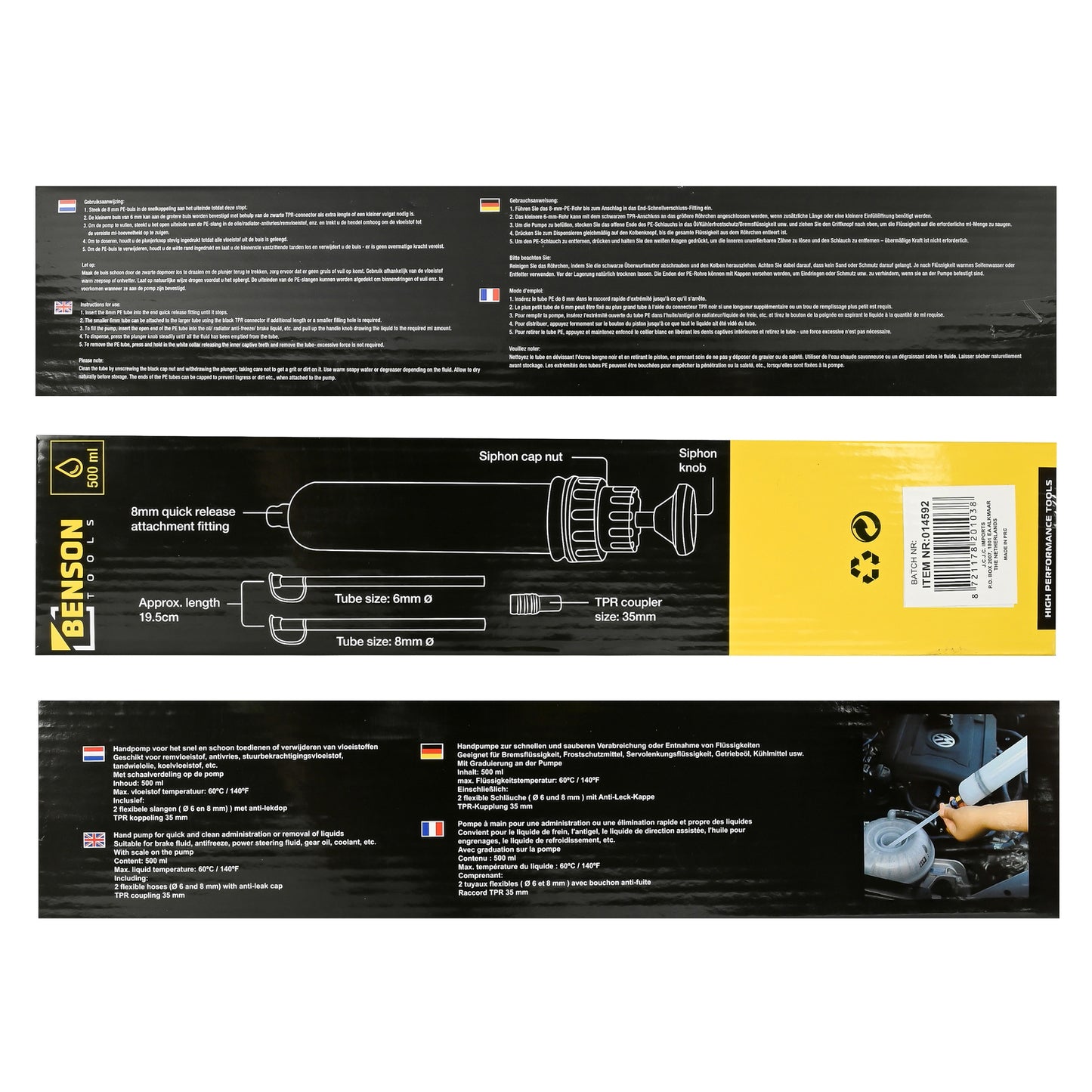 Rückseite der Verpackung einer Handpumpe mit technischen Zeichnungen und Beschriftungen der Teile sowie Text in mehreren Sprachen.