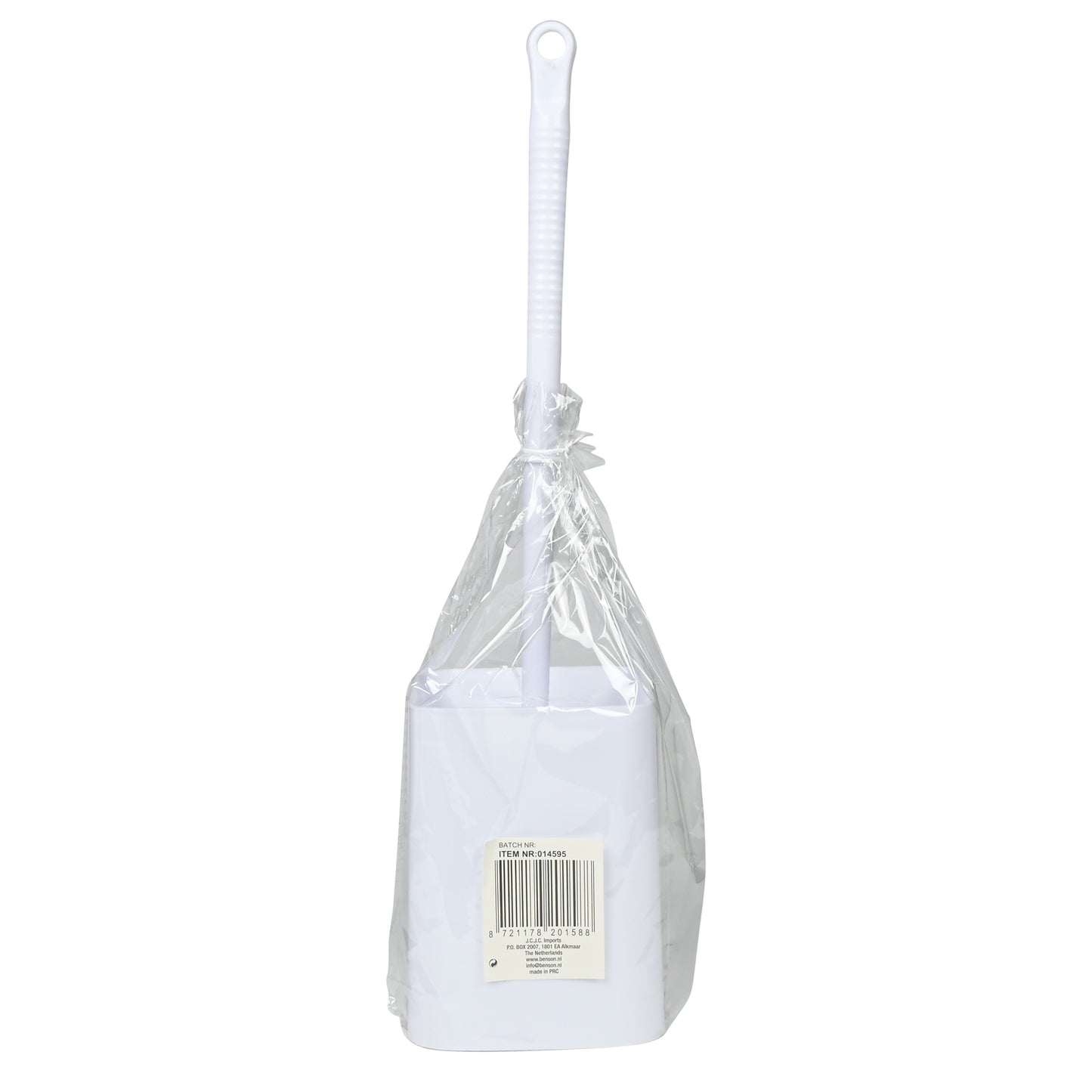 Toilettenbürste mit Halter in transparenter Kunststoffverpackung, Rückseite mit sichtbarem Barcodeetikett.