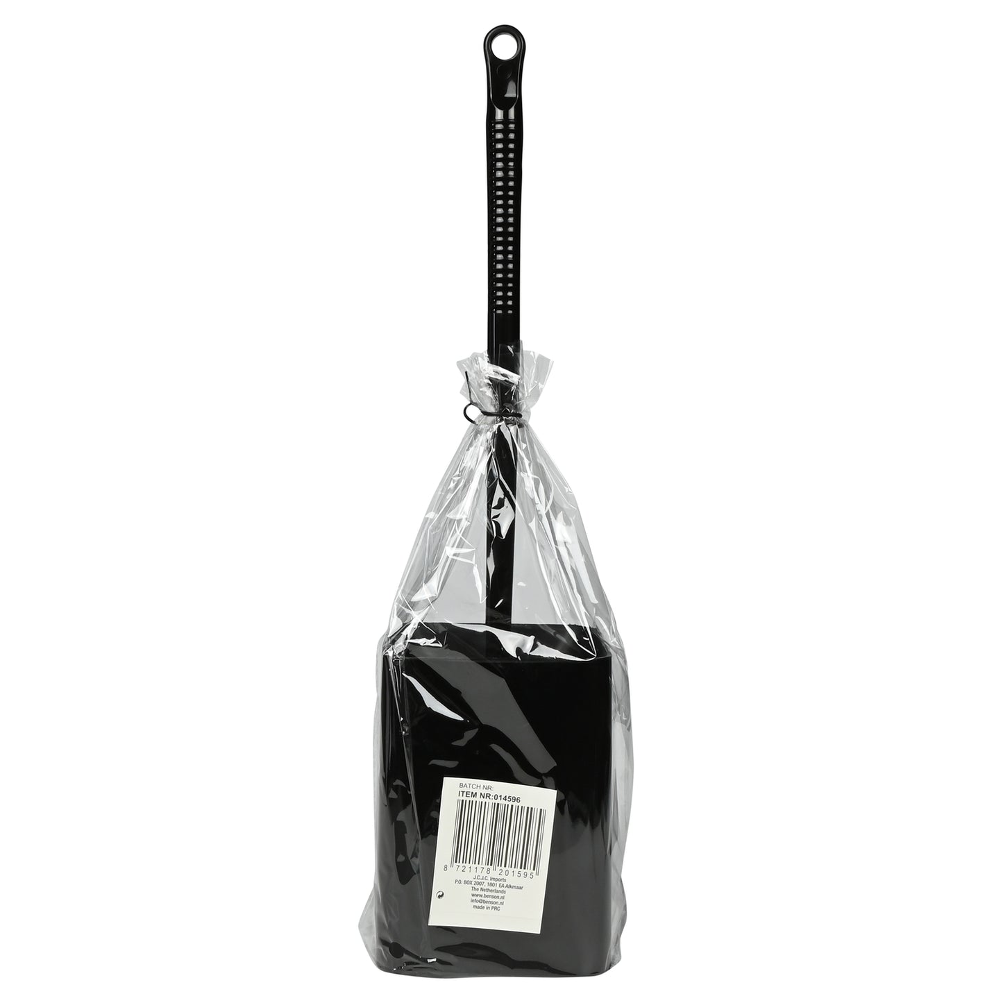 Toilettenbürste mit Halter in transparenter Kunststoffverpackung, Rückseite mit sichtbarem Barcodeetikett.