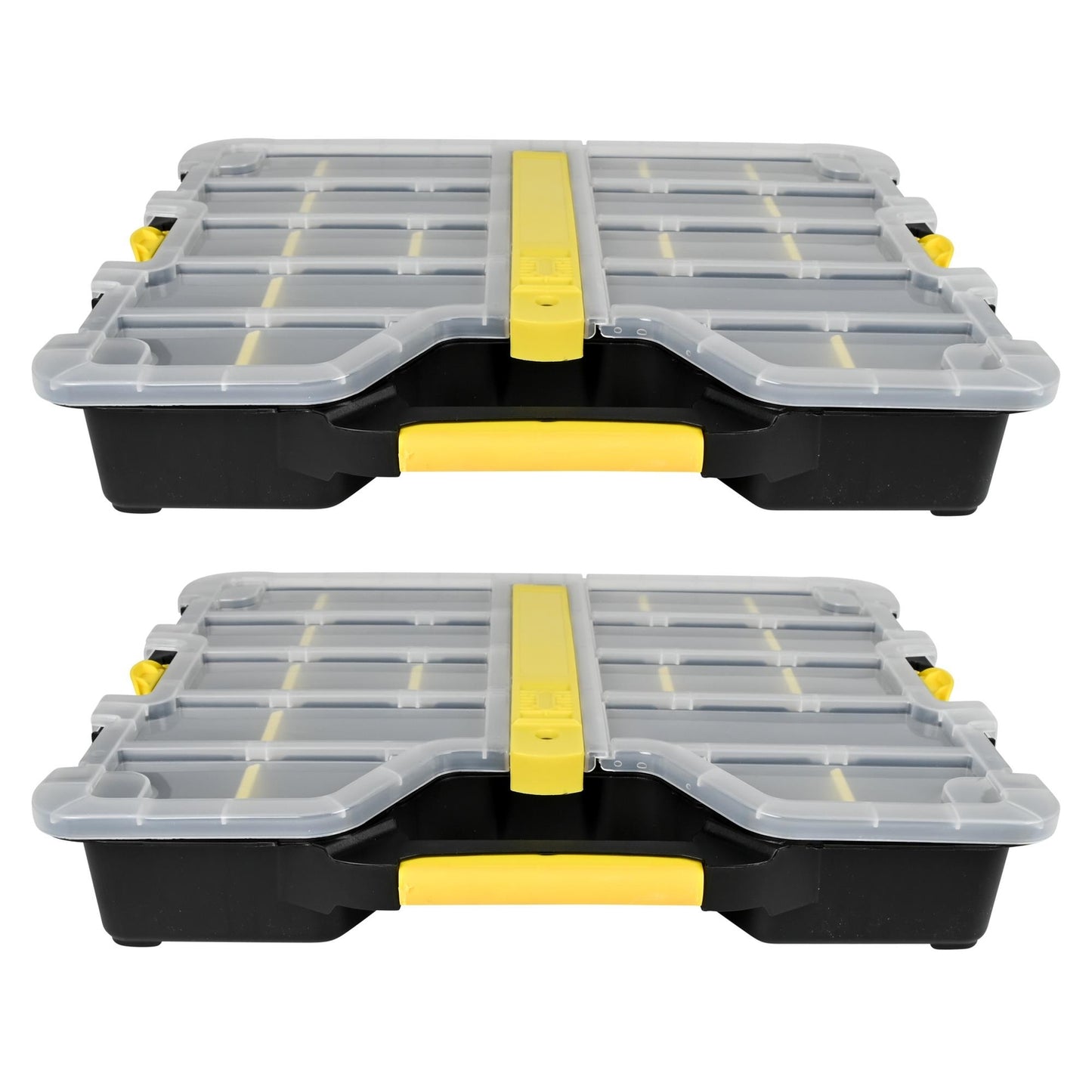 Zwei schwarze Sortimentskästen mit transparentem Deckel, gelben Verschlüssen und Griffen, gestapelt auf weißem Hintergrund.