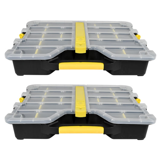 Zwei schwarze Sortimentskästen mit transparentem Deckel, gelben Verschlüssen und Griffen, gestapelt auf weißem Hintergrund.