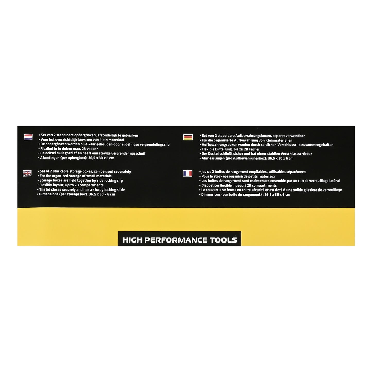 Detailansicht des Verpackungsetiketts mit Produktinformationen in vier Sprachen auf schwarzem und gelbem Hintergrund.