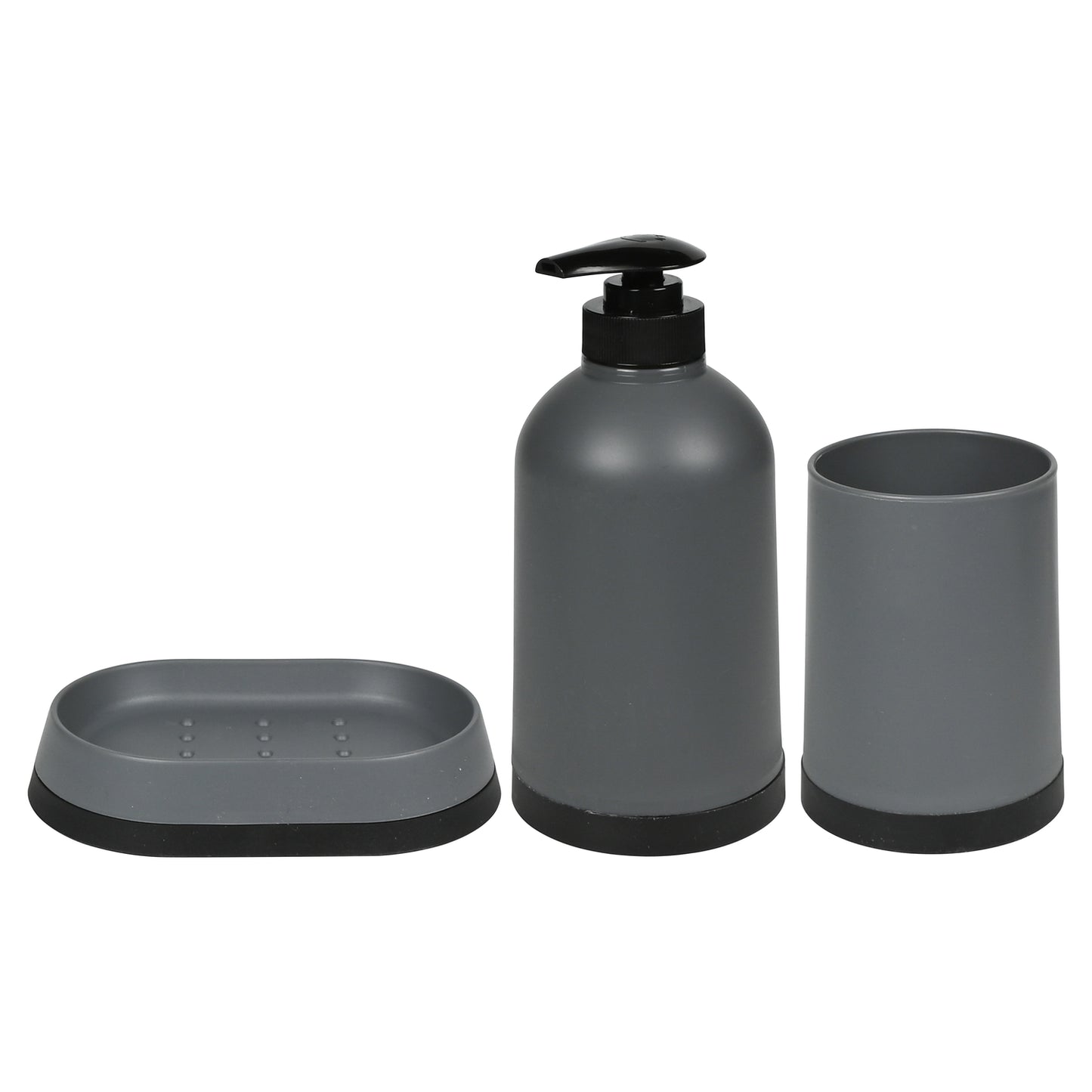 Graues 3-teiliges Badezimmerset bestehend aus Seifenschale, Seifenspender mit Pumpkopf und Becher, nebeneinander angeordnet.