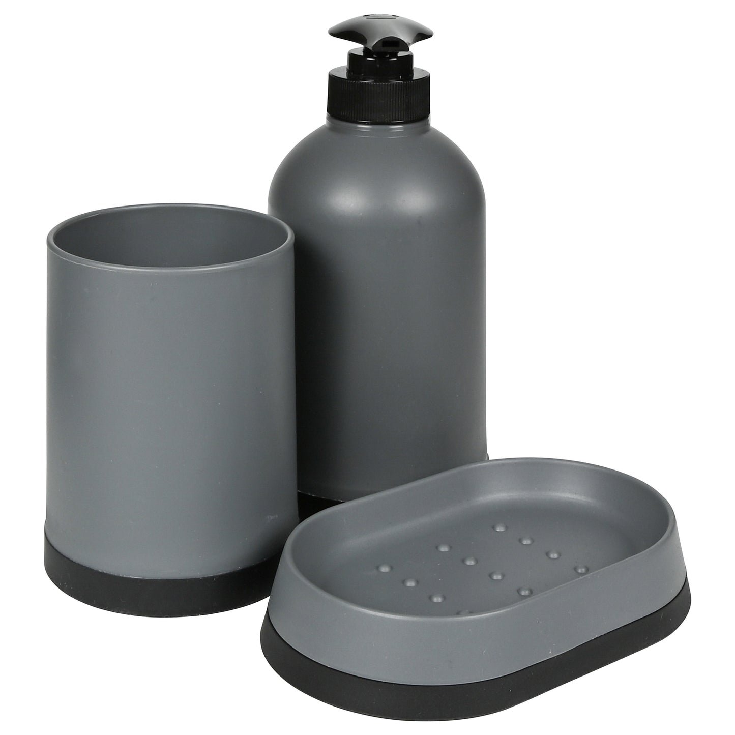 Graues Badezimmerset aus Becher, Seifenspender und Seifenschale, schräg angeordnet mit sichtbarem Pumpkopf.