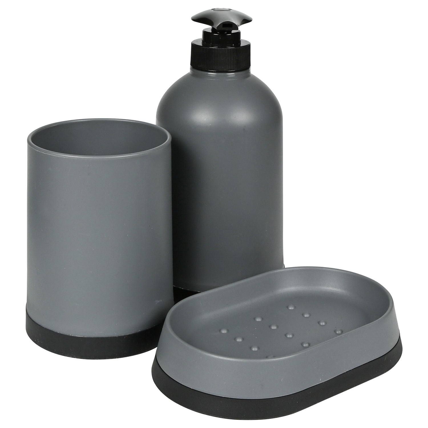 Graues Badezimmerset aus Becher, Seifenspender und Seifenschale, schräg angeordnet mit sichtbarem Pumpkopf.