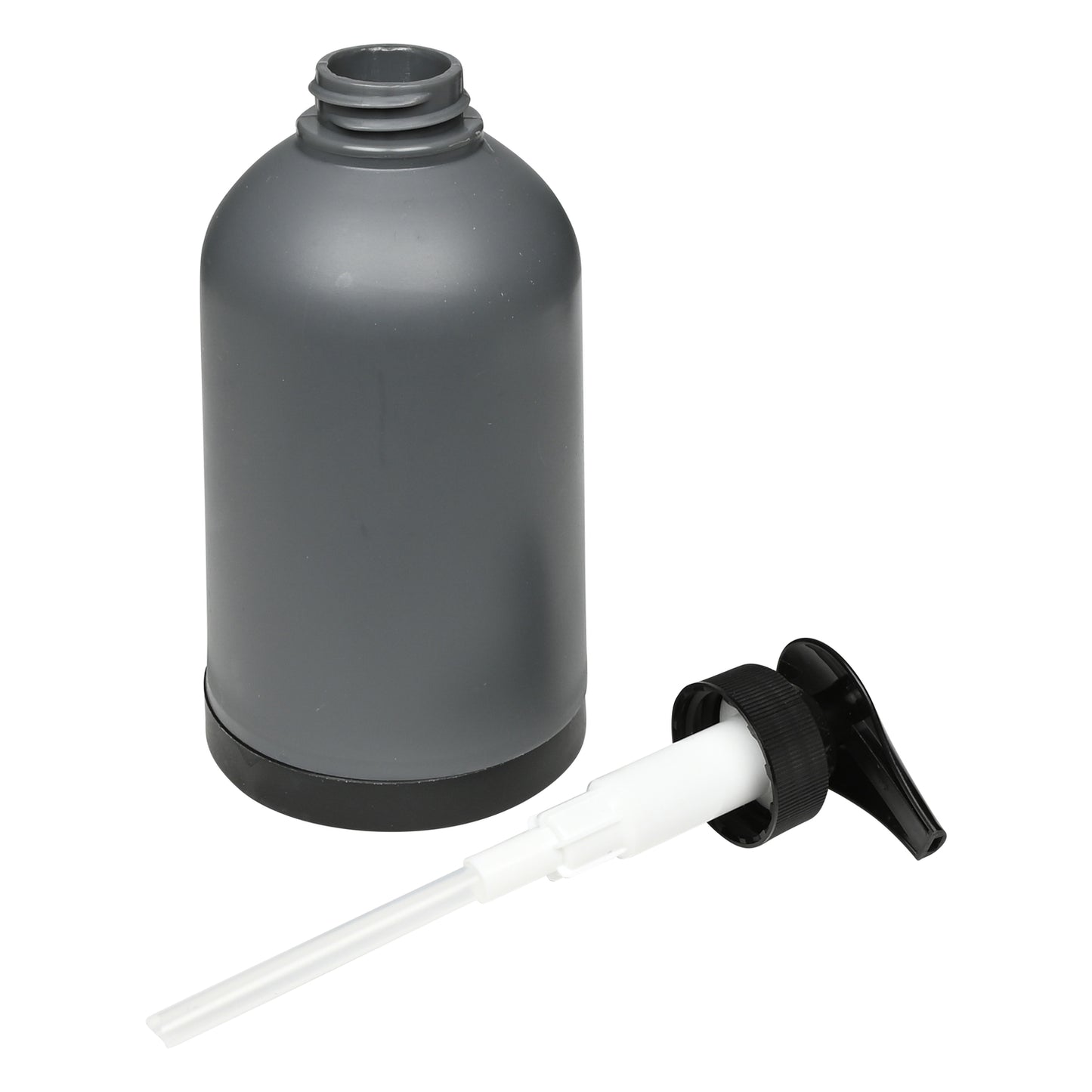 Grauer Seifenspender ohne Pumpaufsatz, daneben liegender Pumpmechanismus mit weißem Schlauch.