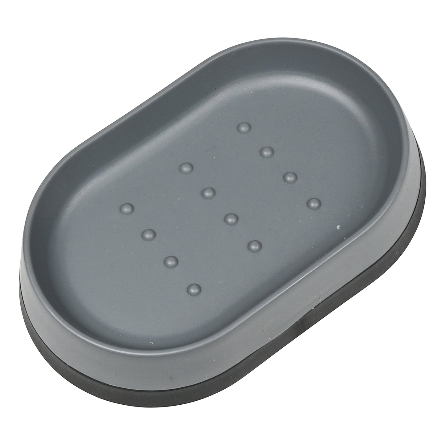 Graue, ovale Seifenschale mit erhöhtem Rand und kleinen Noppen im Boden zur Ablage von Seifenstücken.
