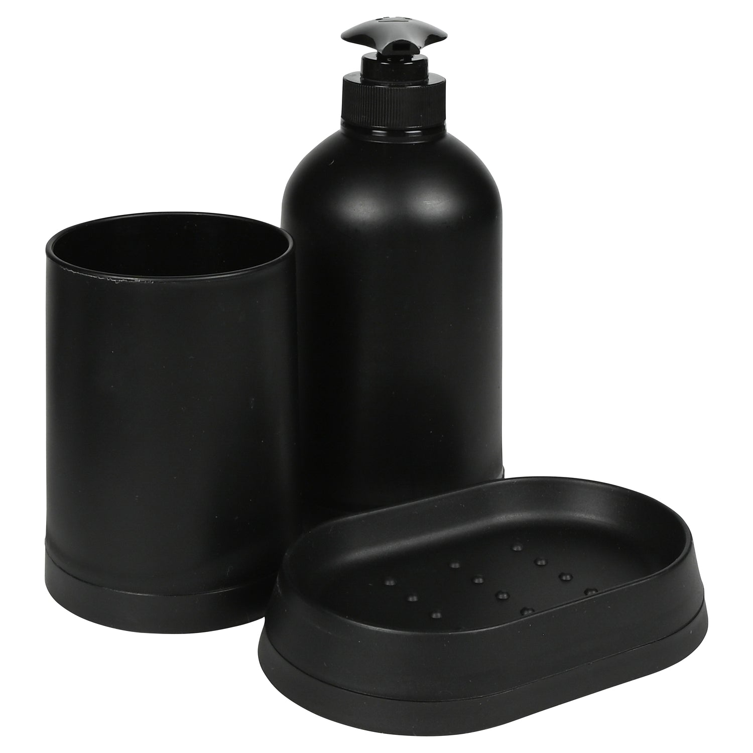 Schwarzes Badezimmerset aus Becher, Seifenspender und Seifenschale, schräg angeordnet mit sichtbarem Pumpkopf.