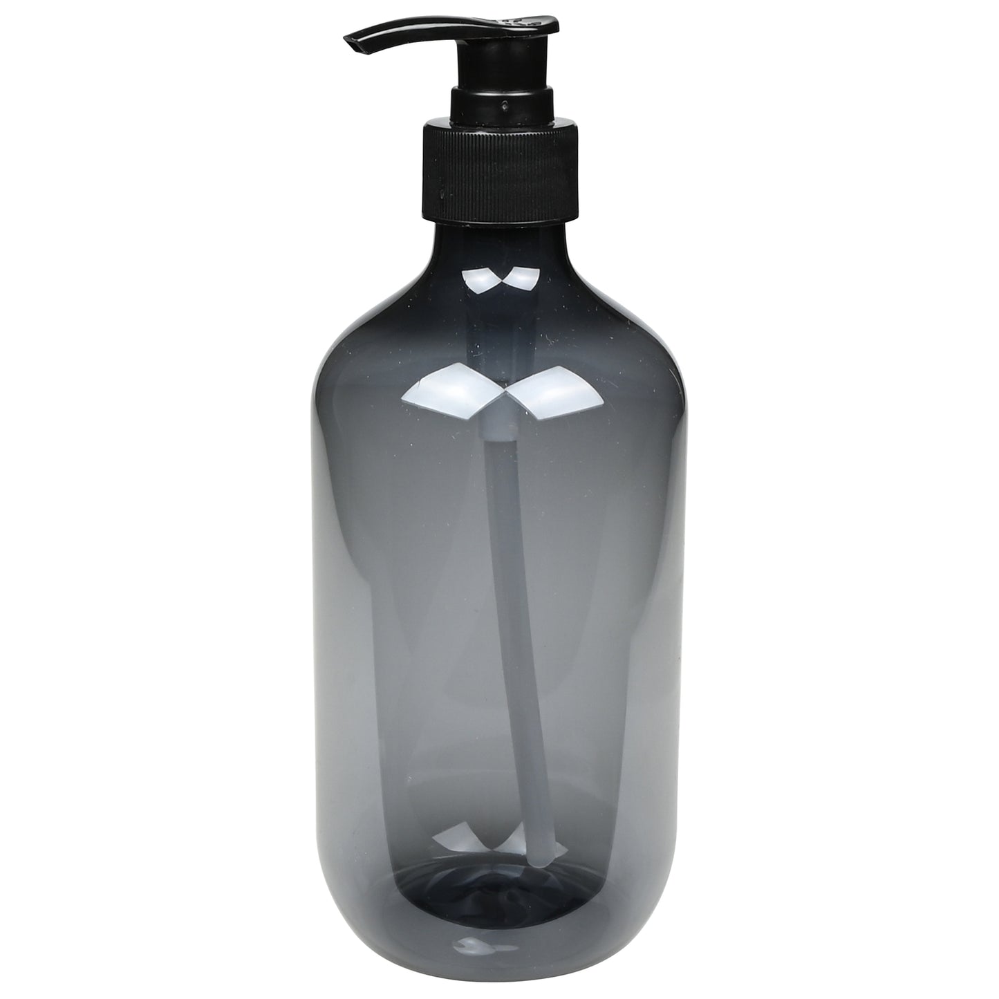 Blaugrauer transparenter Seifenspender mit schwarzem Pumpkopf, auf weißem Hintergrund stehend.