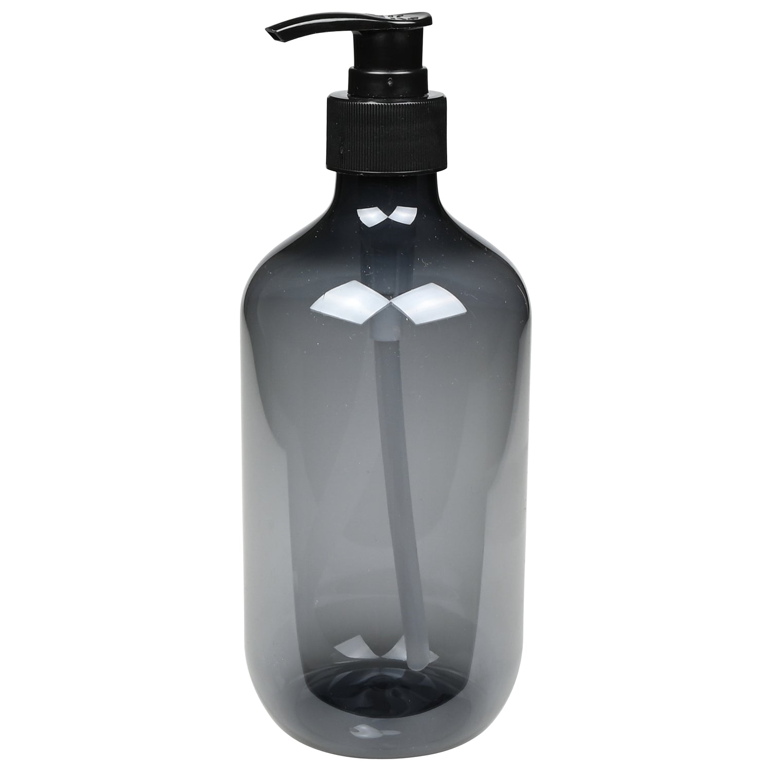 Blaugrauer transparenter Seifenspender mit schwarzem Pumpkopf, auf weißem Hintergrund stehend.
