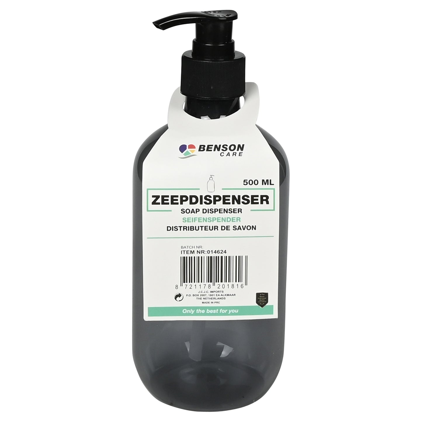 Blaugrauer transparenter Seifenspender mit Etikett „ZEEPDISPENSER 500 ML“, schwarzem Pumpkopf und sichtbarem Innenrohr.