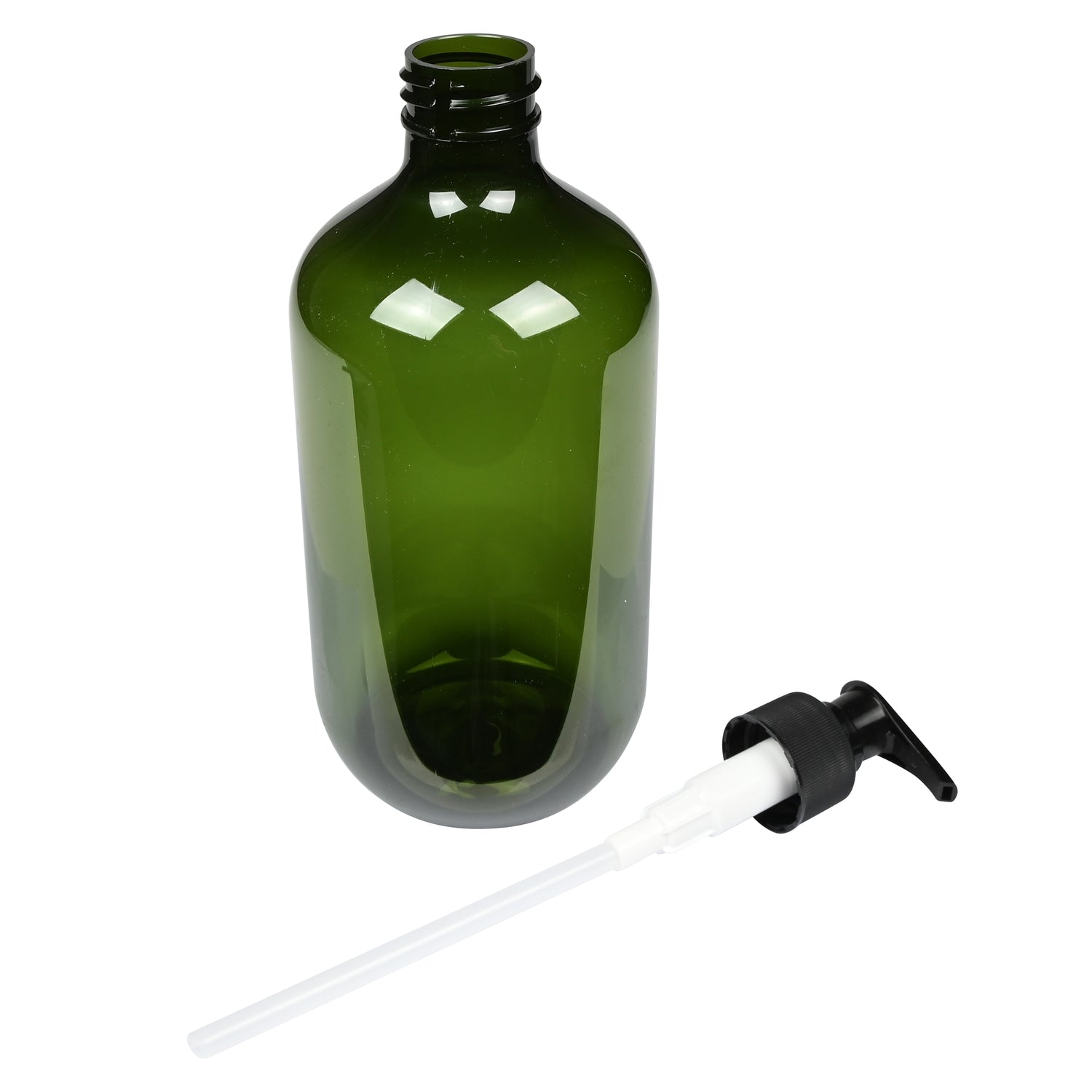 Grüne Seifenspenderflasche mit abgenommenem schwarzen Pumpkopf, daneben liegendem Pumpmechanismus mit Schlauch.