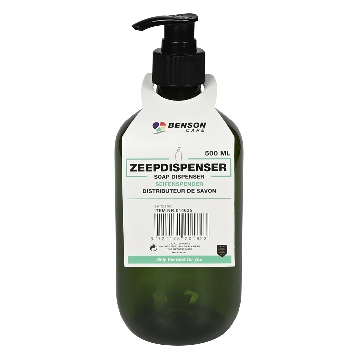 Grüner Seifenspender mit Etikett „ZEEPDISPENSER 500 ML“, schwarzem Pumpkopf und sichtbarem Innenrohr.