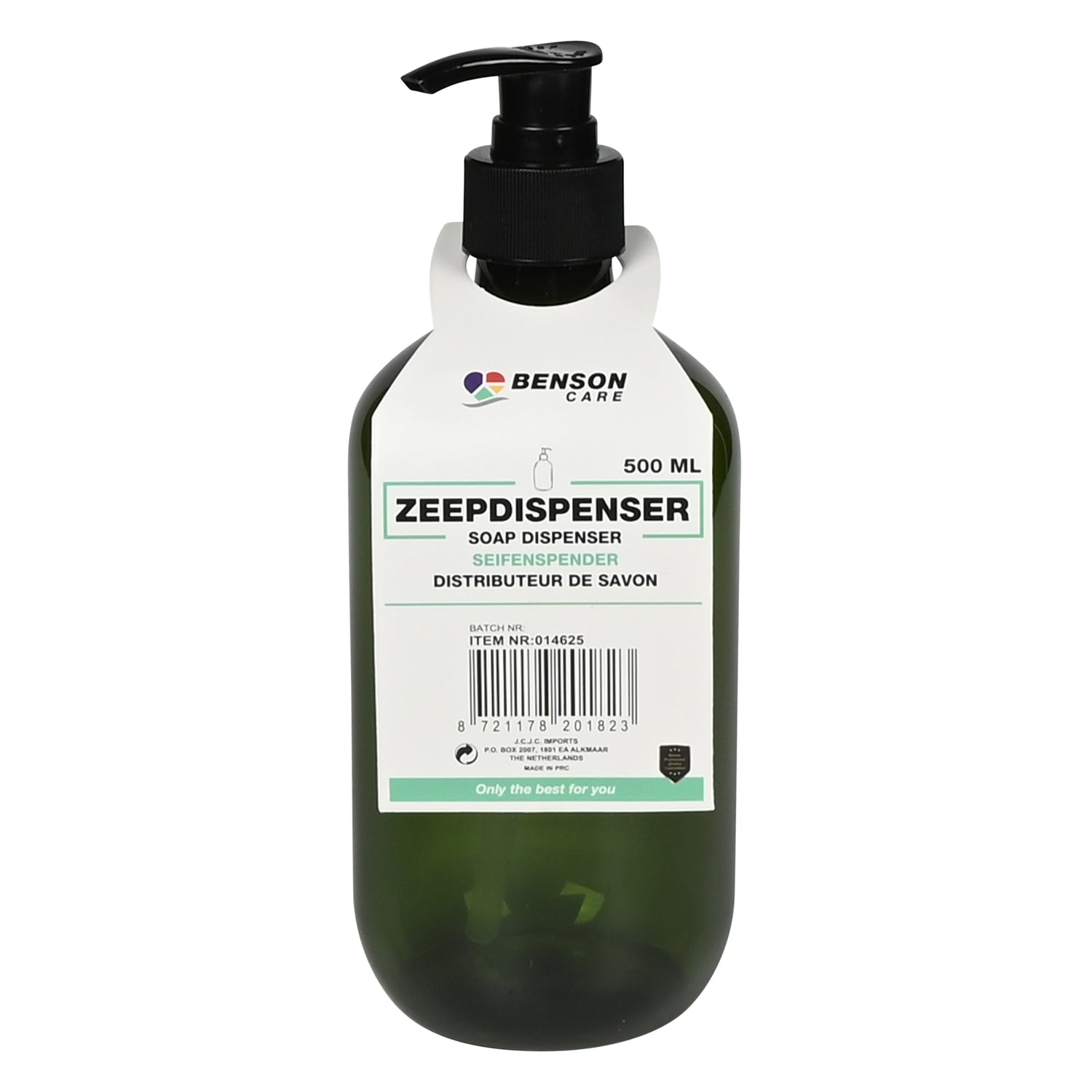Grüner Seifenspender mit Etikett „ZEEPDISPENSER 500 ML“, schwarzem Pumpkopf und sichtbarem Innenrohr.