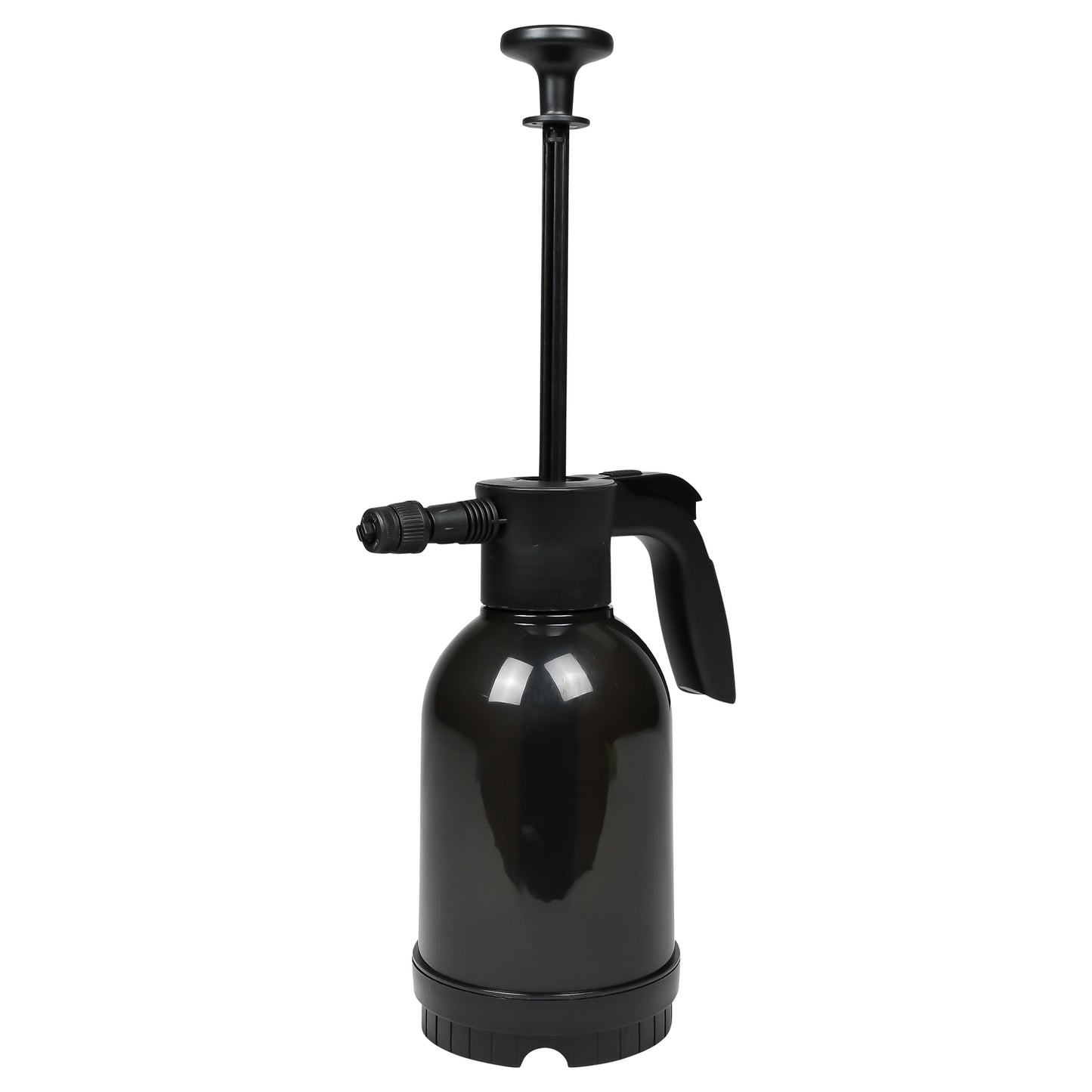 Schwarzer Pumpsprüher mit ausgezogener Pumpstange und seitlich angebrachter Düse, freigestellt vor weißem Hintergrund.