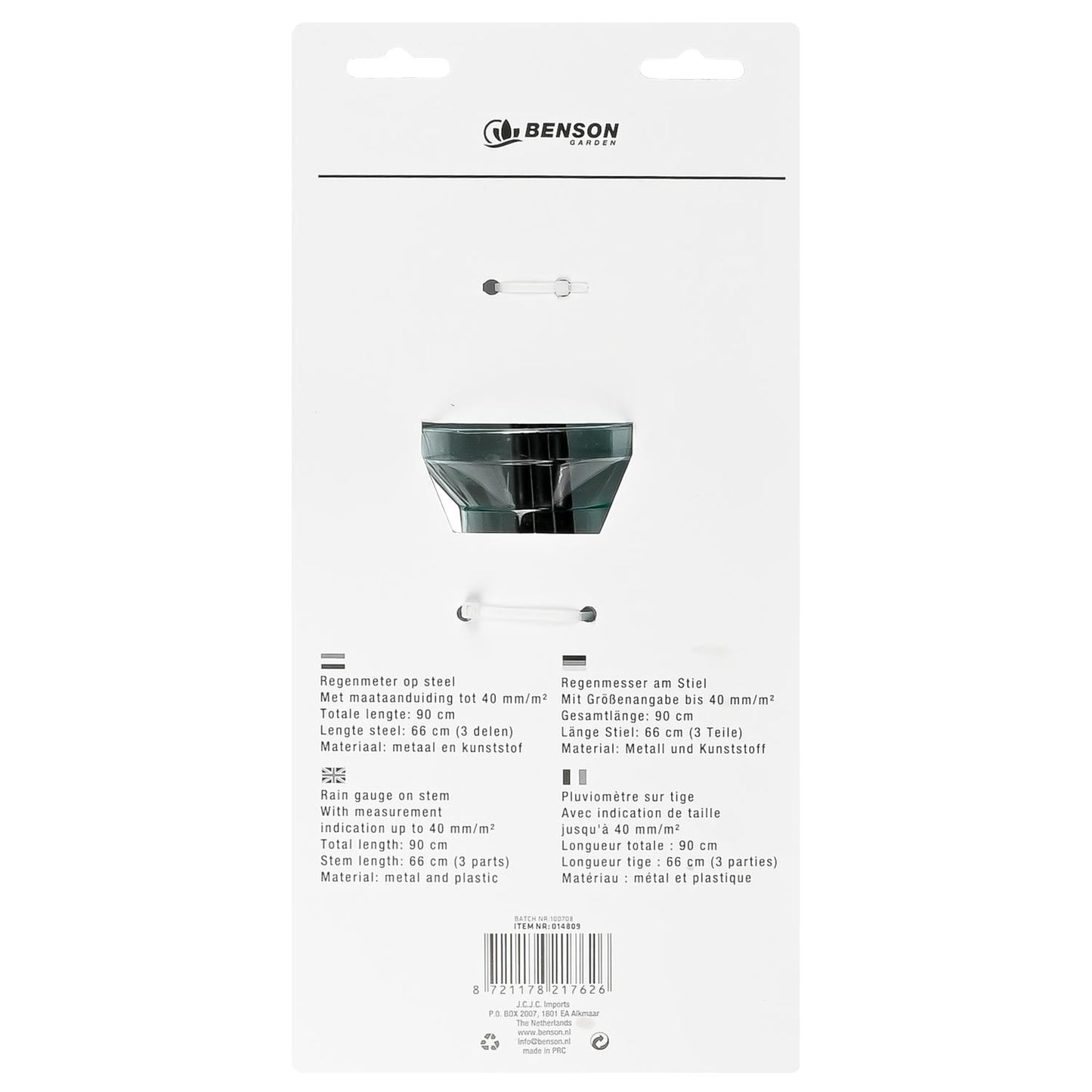 Rückseite der Produktverpackung des Regenmessers mit Beschreibung in vier Sprachen; mittig ist der trichterförmige Messbehälter aus Kunststoff zu sehen, Materialangabe: Metall und Kunststoff, Gesamtlänge 90 cm.
