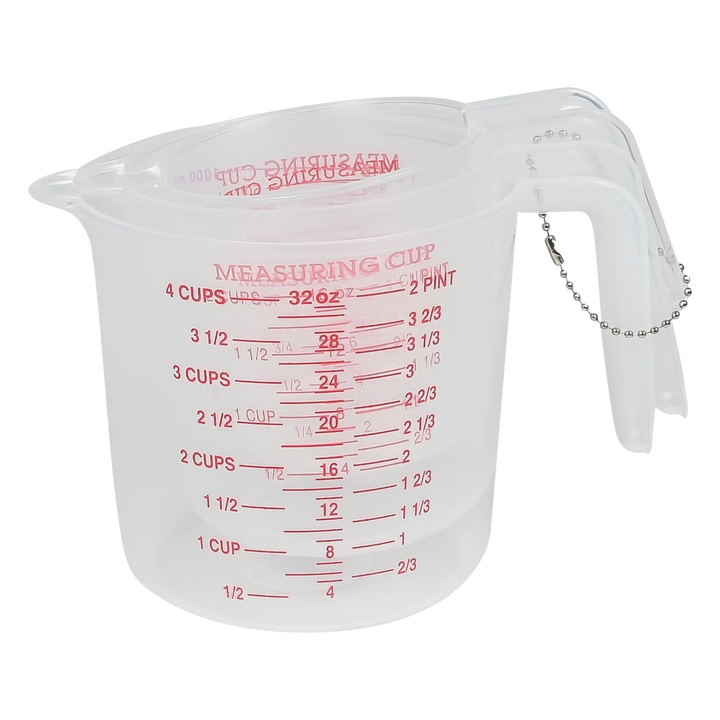 Drei ineinander gestapelte transparente Messbecher mit roter Skala, verbunden durch eine silberne Metallkette am Griff.