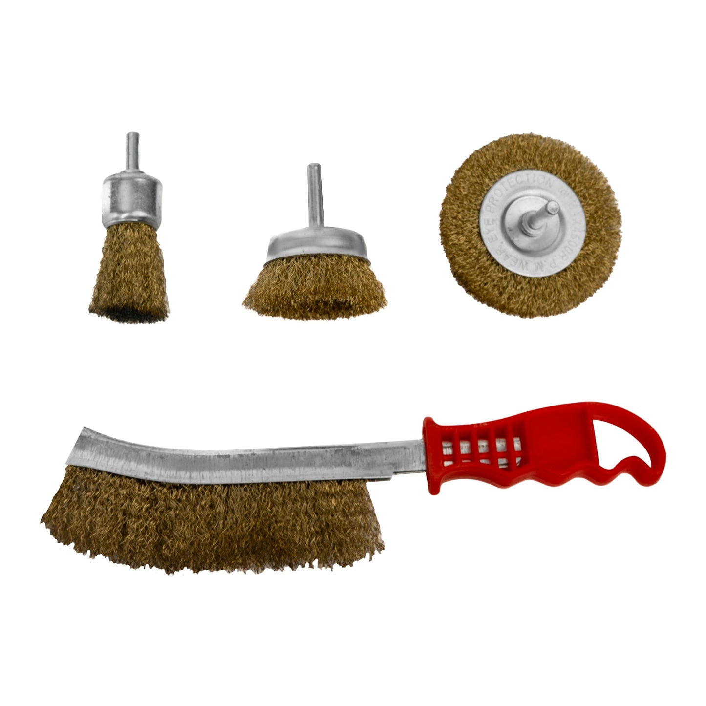 Vier Drahtbürsten unterschiedlicher Form, darunter eine Handbürste mit rotem Griff und drei Bürsteneinsätze für Bohrmaschinen mit metallischer Aufnahme.
