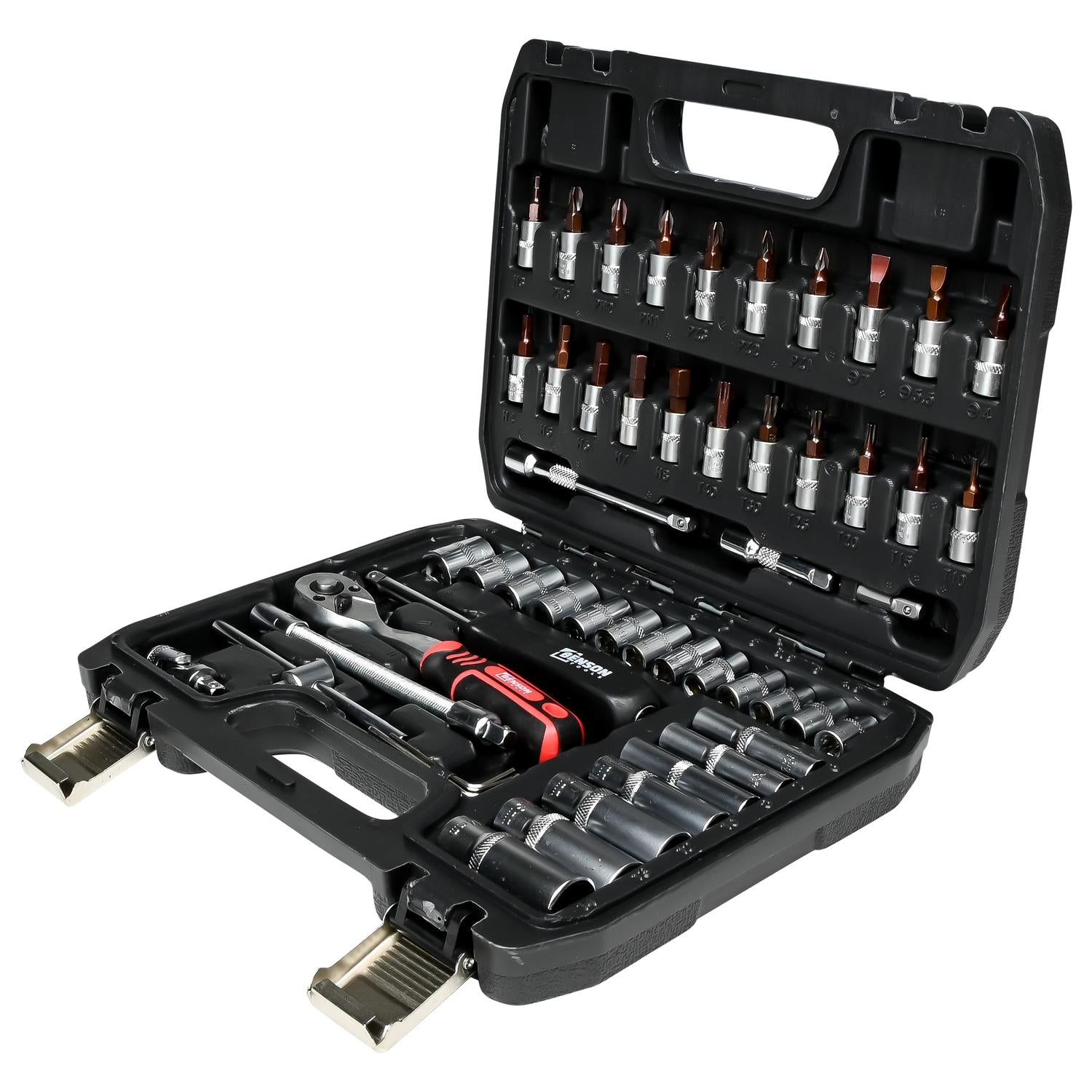 Geöffneter schwarzer Steckschlüsselkoffer mit zwei Reihen Einsatzbits im Deckel und Stecknüssen, Ratsche, Griff und Verlängerungen im unteren Fach.