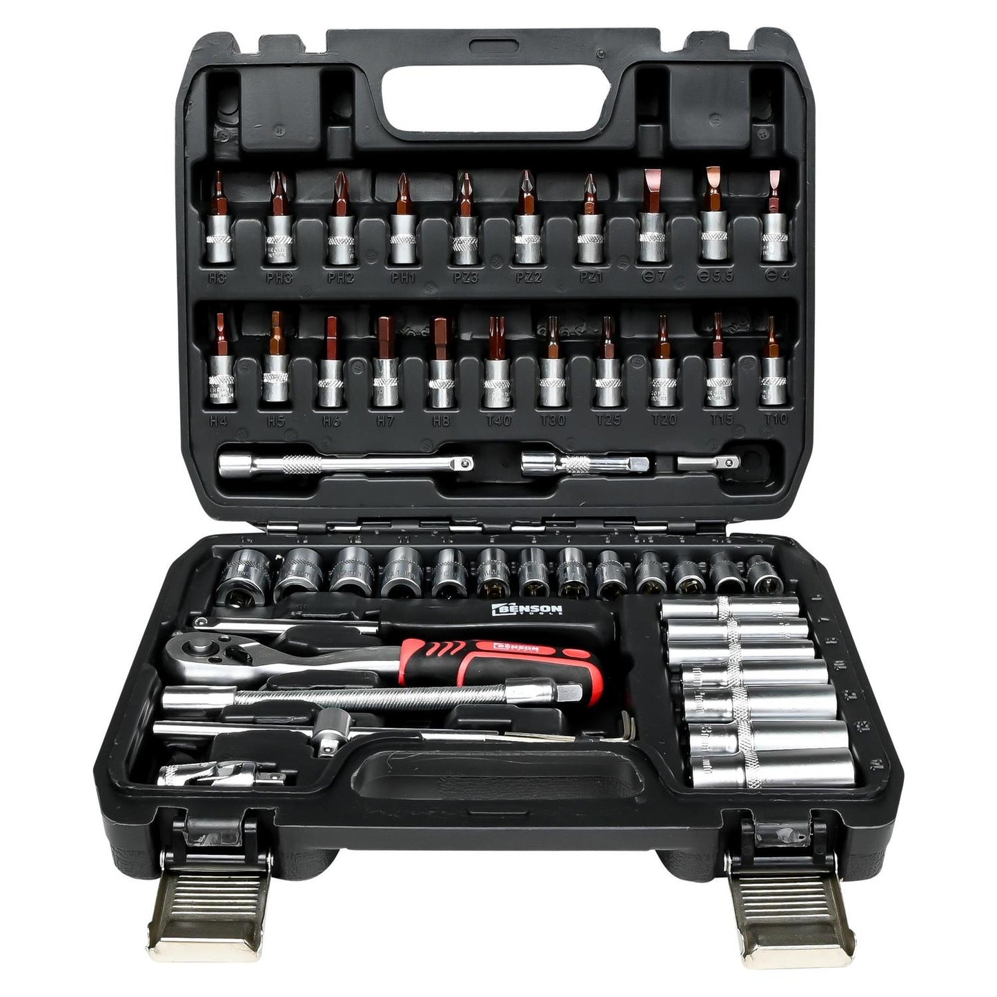 2: Werkzeugkoffer mit geöffnetem Deckel, bestückt mit Stecknüssen, Ratsche, Verlängerungen und Einsatzbits in geordneter Anordnung.