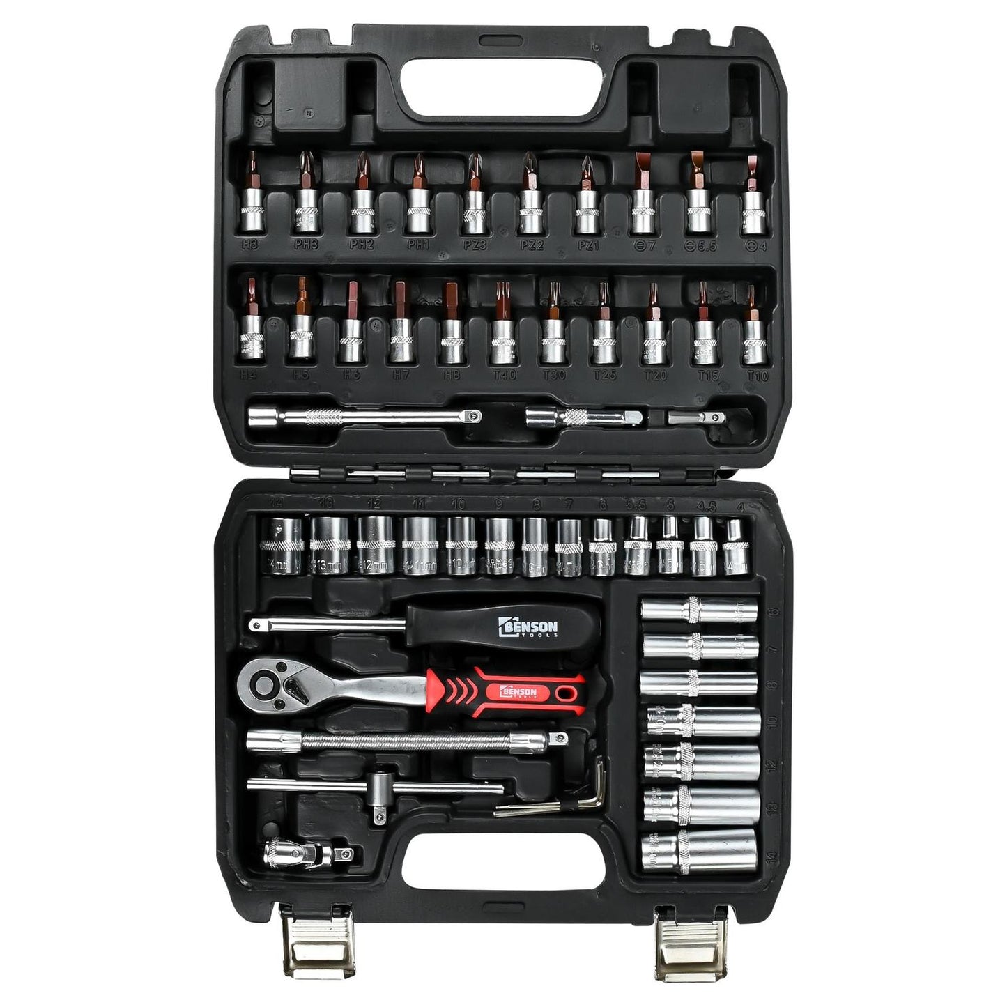 Aufsicht auf geöffneten Steckschlüsselkoffer mit Einsätzen, Verlängerungen, Ratsche, Handgriff und sortierten Einsatzbits in mehreren Größen.