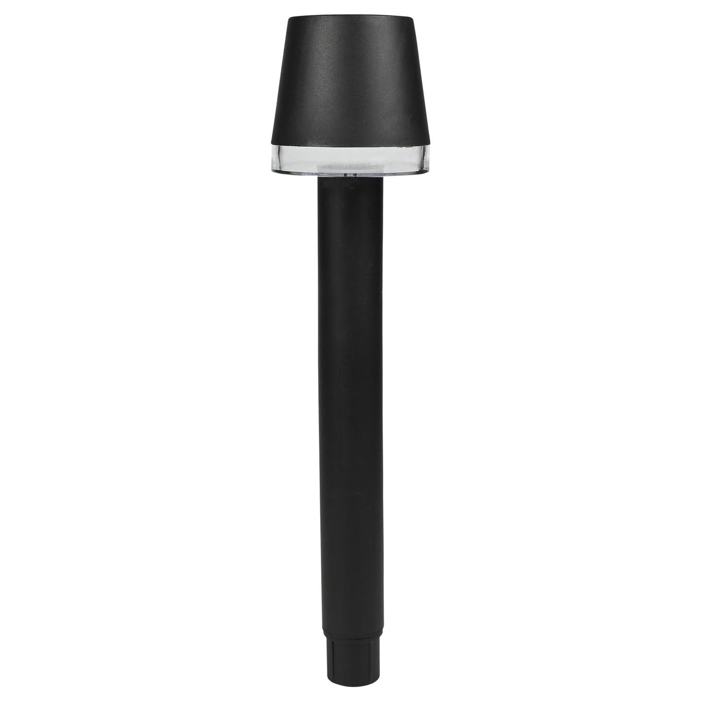 Schwarze Solar-Gartenleuchte in zylindrischer Form mit konischem Leuchtenkopf, transparentem Ring unter dem Schirm und glattem, schwarzem Gehäuseschaft auf weißem Hintergrund.