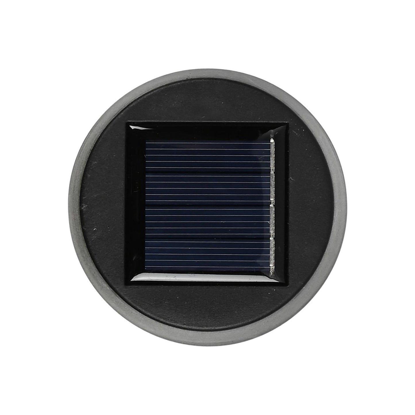 Draufsicht auf das runde Solarpanel der Gartenleuchte mit schwarzem Gehäuse und zentralem quadratischem Solarmodul mit feinen Solarzellen.