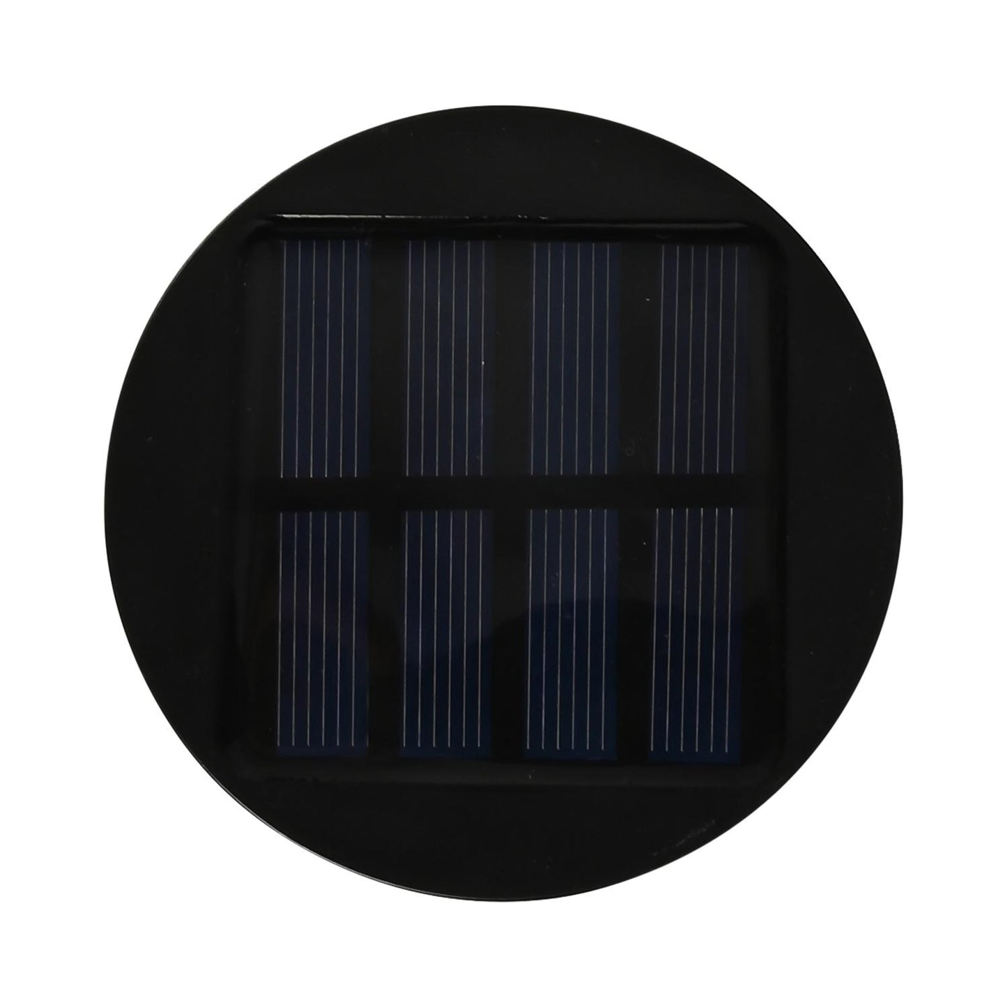 Runde Oberseite der Solarleuchte mit integriertem Solarpanel in schwarzem Rahmen. Das Panel zeigt feine, senkrechte Zellstreifen zur Aufnahme von Sonnenenergie für den LED-Betrieb.