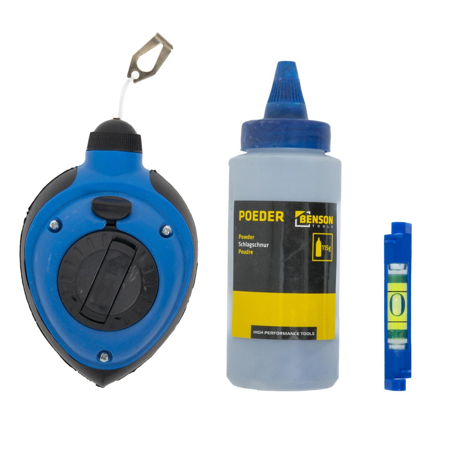 Schlagschnurset von oben gezeigt, bestehend aus blauer Schlagschnurrolle, weißer Flasche mit Etikett „Poeder“ und kleiner blauer Wasserwaage, in einer Reihe angeordnet.