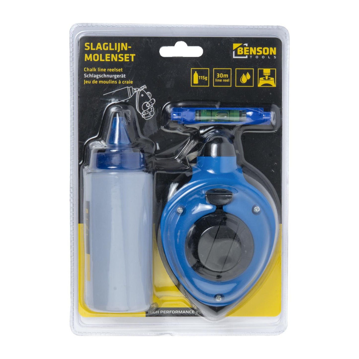 Schlagschnurset in Blisterverpackung, bestehend aus blauer Schlagschnurrolle, weißer Flasche mit Etikett und kleiner blauer Wasserwaage, auf schwarzem Hintergrund mit gelben Beschriftungen.