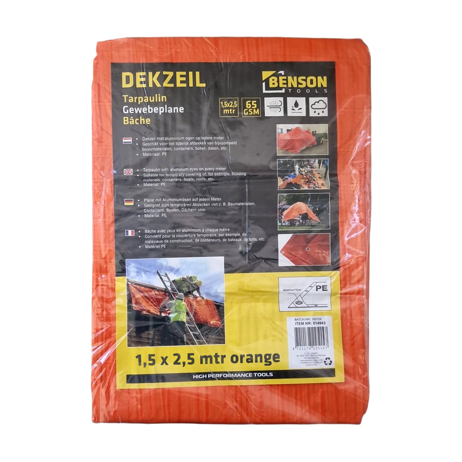 Verpackte orangefarbene Gewebeplane im Kunststoffbeutel mit Etikettaufdruck in mehreren Sprachen und Produktabbildungen.