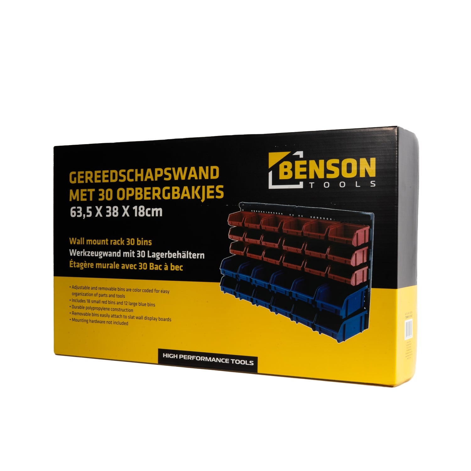 Produktverpackung der Benson Tools Werkzeugwand mit 30 Aufbewahrungsboxen, schwarz-gelbes Design mit Abbildung des montierten Systems und Produktinformationen in mehreren Sprachen.