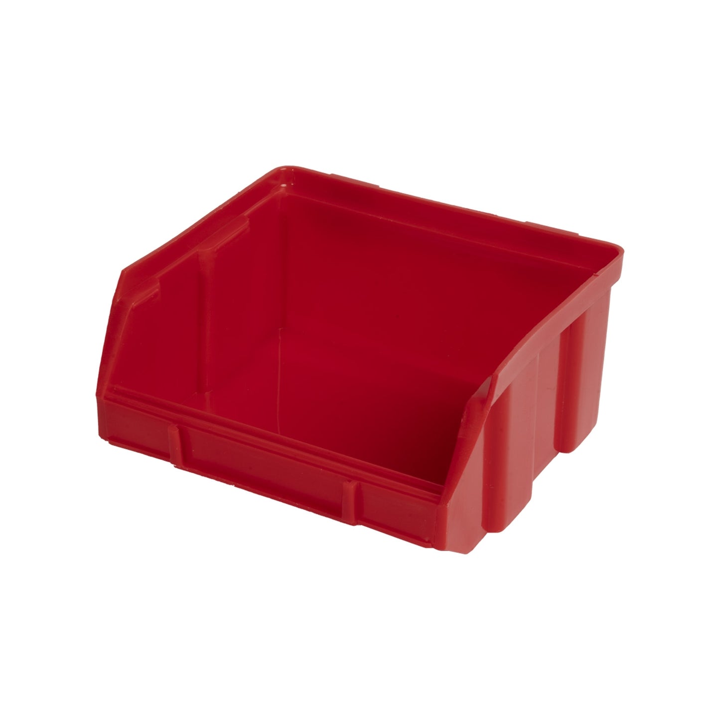 Einzelne rote Aufbewahrungsbox mit offenem Vorderteil und Griffmulde, kleinere quadratische Form.