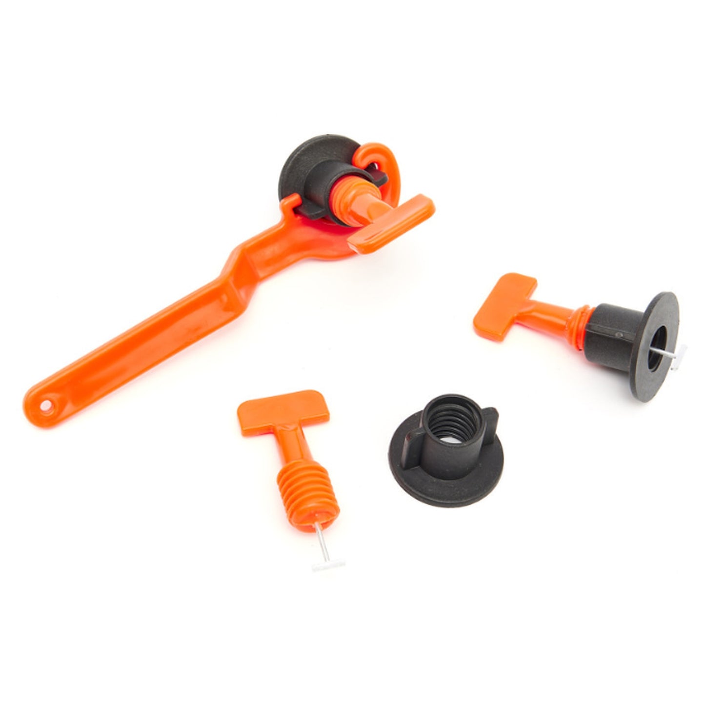 Fliesen-Nivelliersystem bestehend aus mehreren orangefarbenen und schwarzen Kunststoffteilen mit Drehgriff, zur präzisen Ausrichtung von Fliesen auf weißem Hintergrund dargestellt.