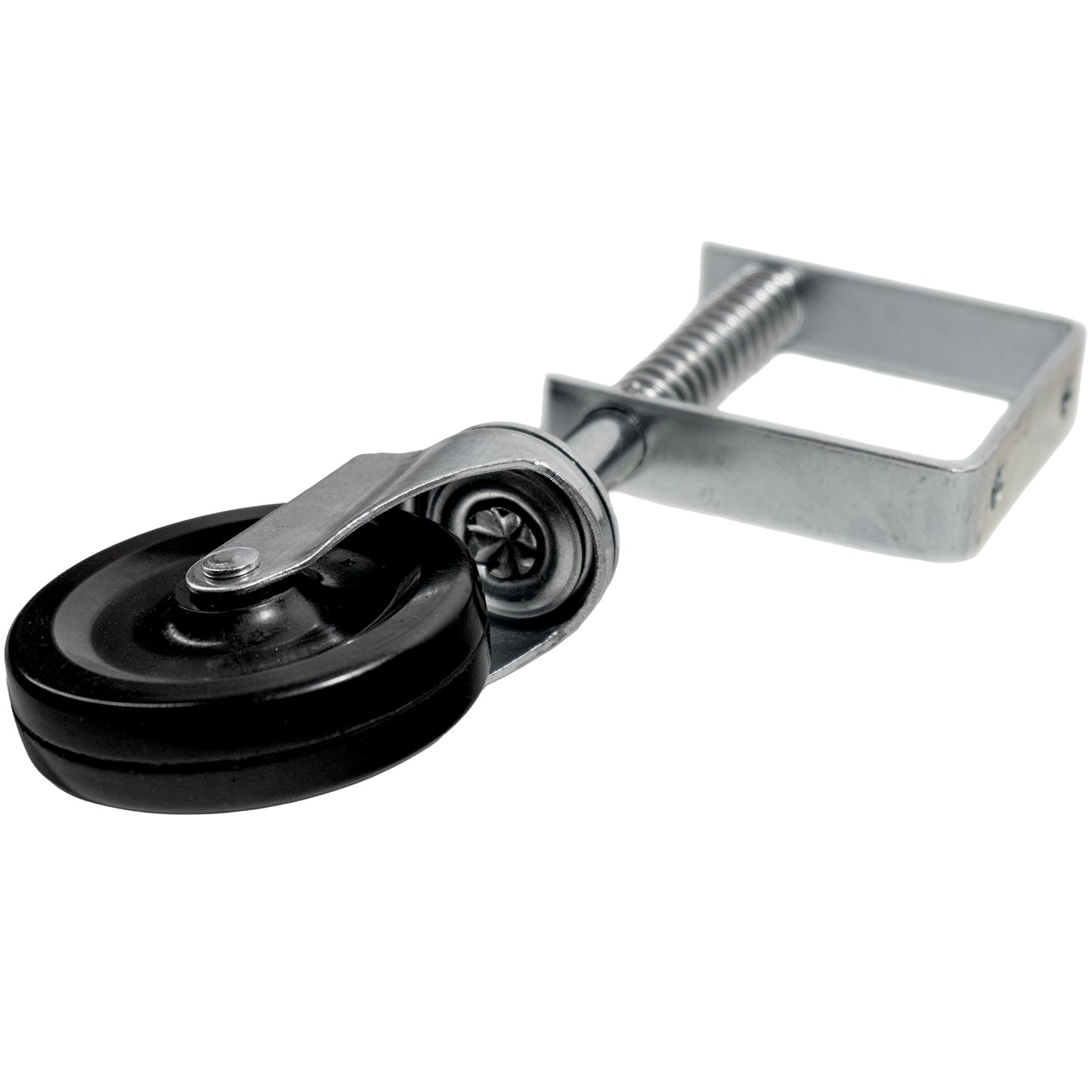 Liegende Ansicht der gefederten Lenkrolle mit schwarzem Rad und Metallgehäuse, die Federstrebe ist vollständig sichtbar.