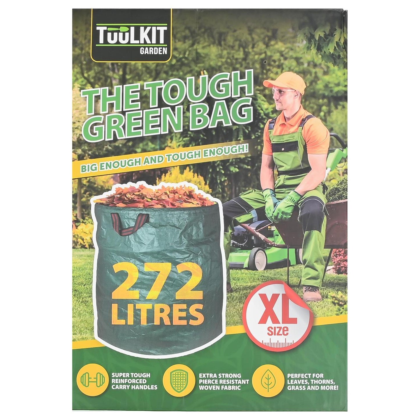 Verpackung eines Gartensacks mit der Aufschrift „The Tough Green Bag“, einem Foto des Sacks mit Laub und dem Hinweis „272 Litres – XL Size“.