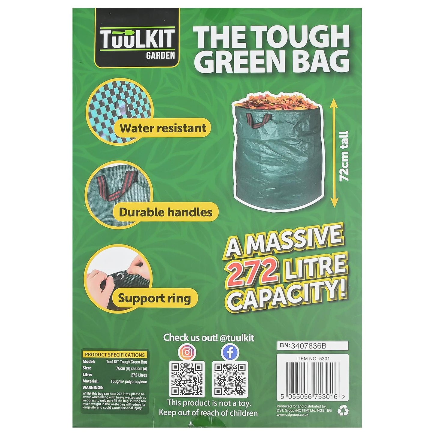 Rückseite der Verpackung mit Produktdetails: Gartensack mit 272 Litern Volumen, Höhe 72 cm, Material Polypropylen, illustriert mit Merkmalen wie Tragegriffen, Stützring und wasserabweisendem Gewebe.