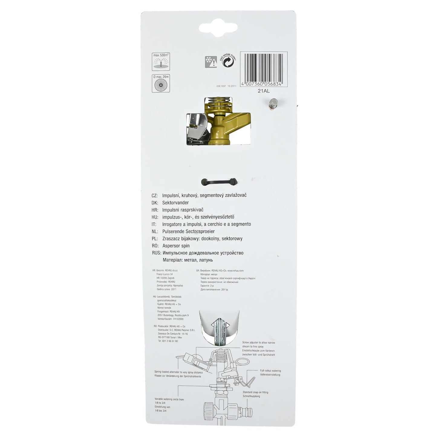 Rückseite der Blisterverpackung mit mehrsprachiger Produktbezeichnung, Herstellerinformationen und Skizze zur Funktionsweise, auf weißem Hintergrund.