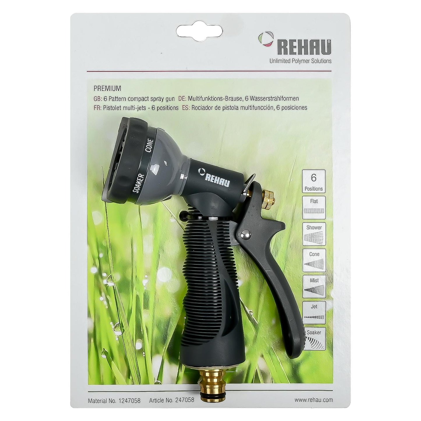 Brausepistole in Blisterverpackung mit grüner Wiese im Hintergrund. Auf der Vorderseite sind die sechs Sprühfunktionen als Symbole aufgelistet. Artikelnummer und Webseite unten lesbar.