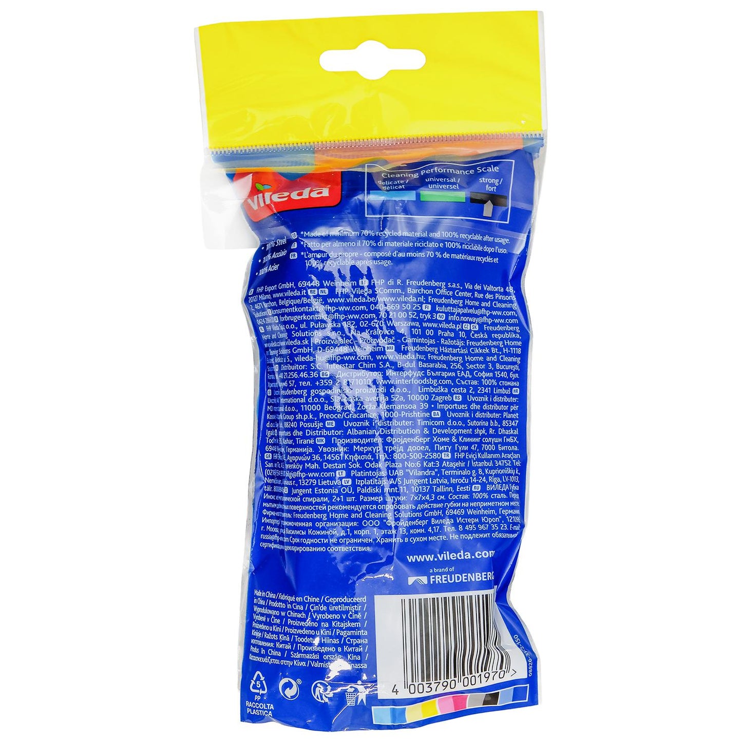 Rückseite einer Verpackung für Topfreiniger aus Edelstahl mit blauem Hintergrund, umfangreichem Textblock, Barcode und sichtbarem Markenlogo oben.