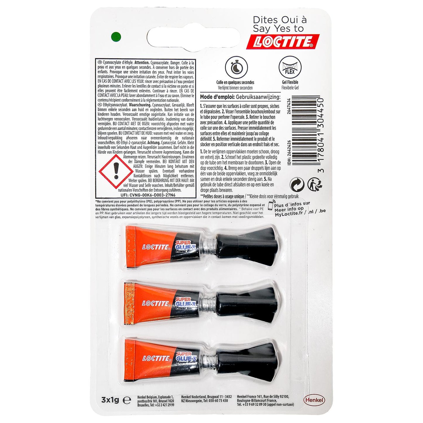 Rückseite einer Verpackung für Sekundenkleber mit drei sichtbaren Tuben in Kunststoffhalterung, Textfeldern, Symbolen und Barcode.