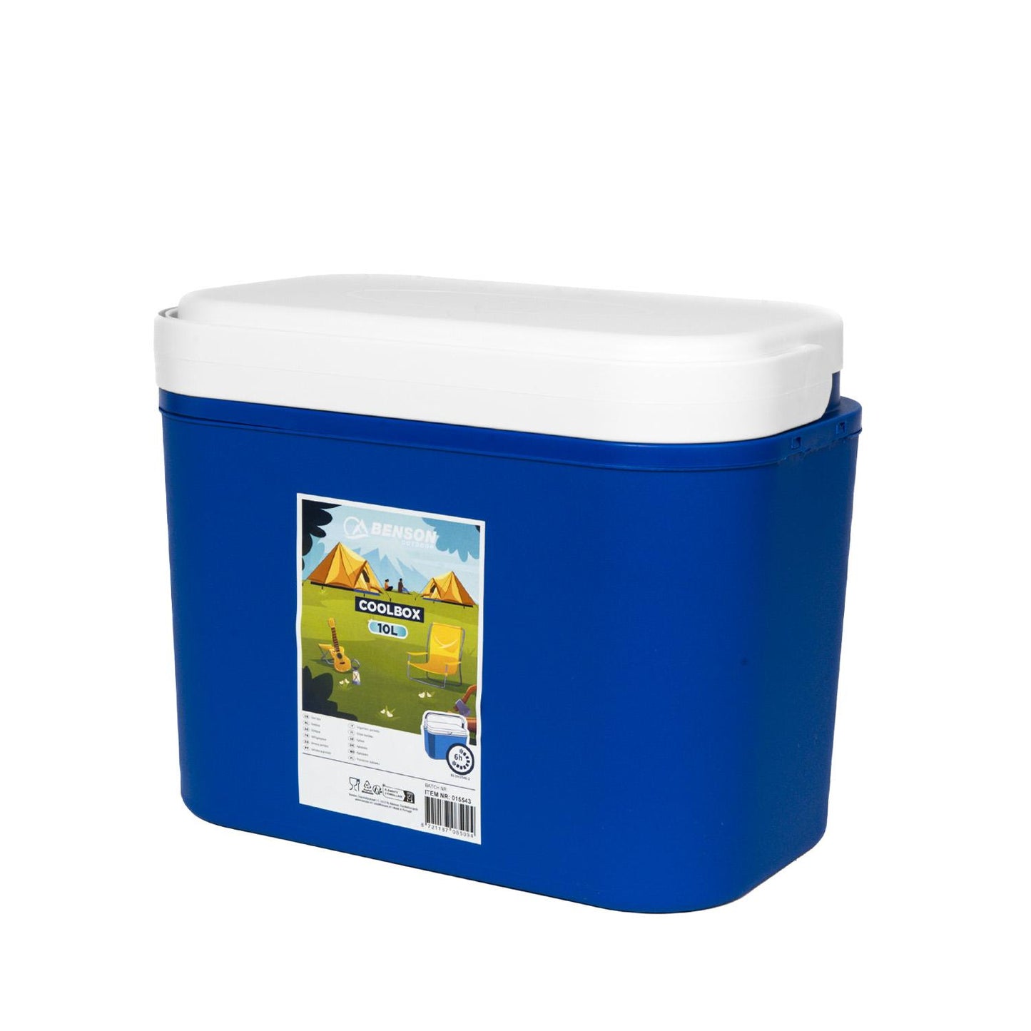 Blaue Kühlbox mit weißem Deckel und aufgeklebtem Etikett mit Campingmotiv und Produktinformationen.