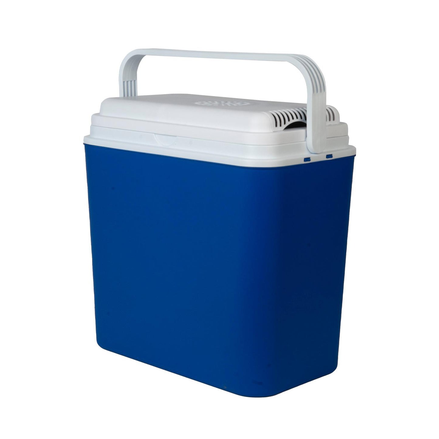 Elektrische Kühlbox in Blau mit weißem Deckel und Tragegriff, schräg von vorne gezeigt.