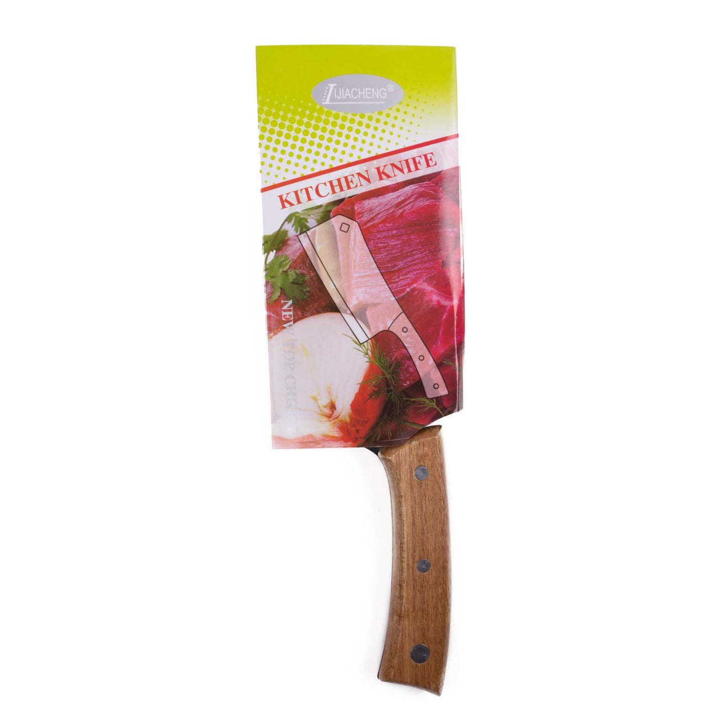 Küchenbeil in Verpackung mit farbigem Aufdruck, abgebildet auf rohem Fleisch, Kräutern und Zwiebel, Griff aus Holz mit drei Nieten sichtbar